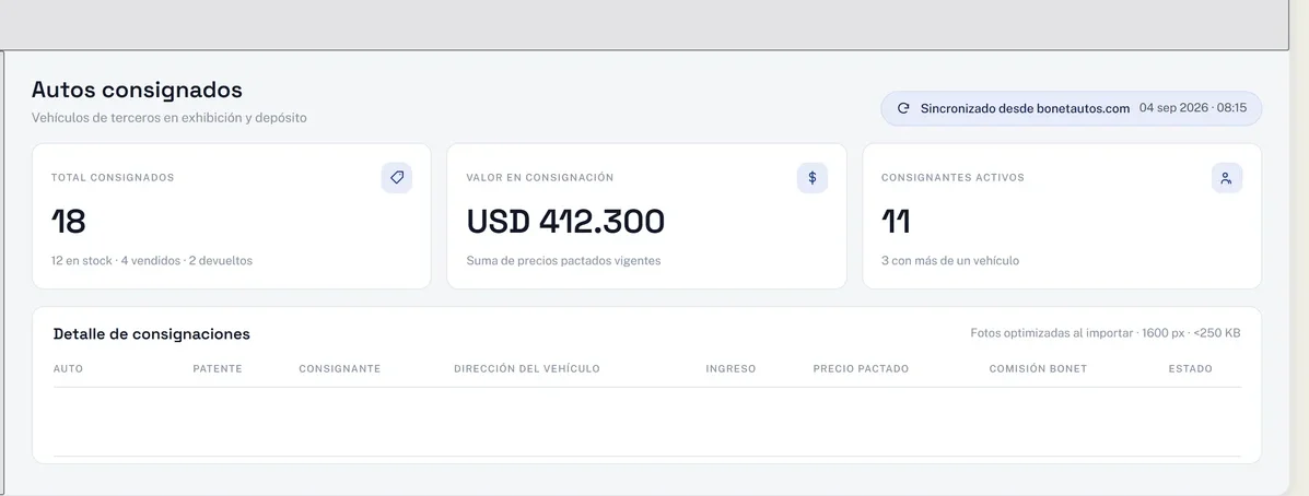 Vista de vehículos consignados con datos de demostración